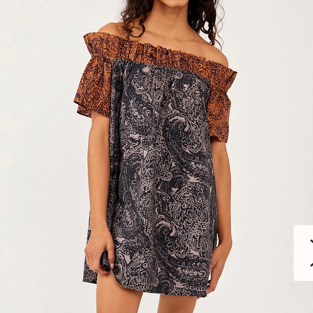 Free People Off-Shoulder Paisley Dress in Black and Orange